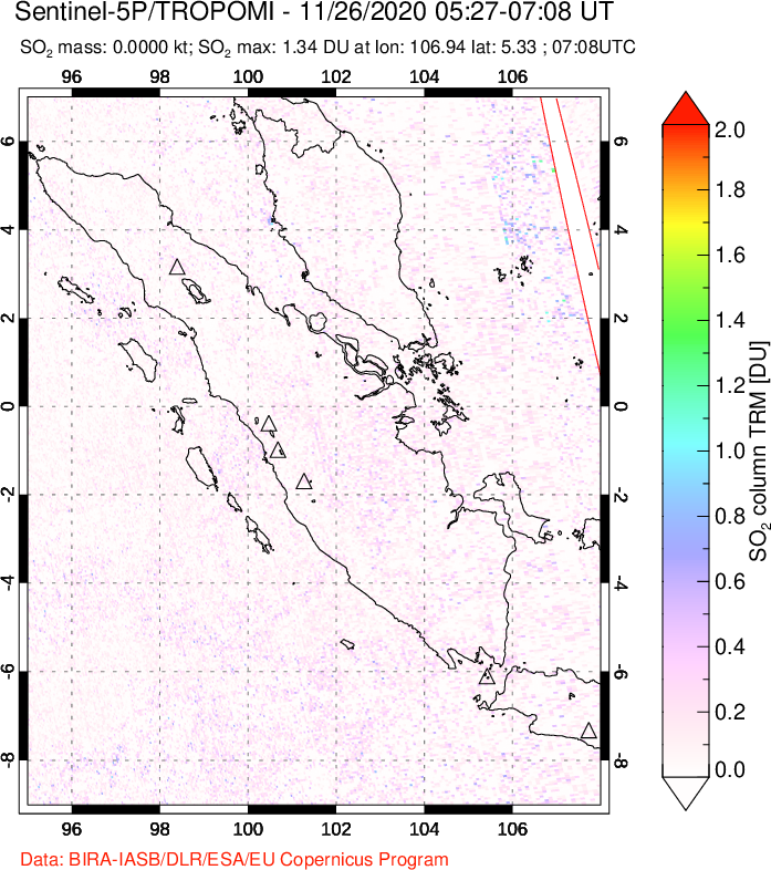 A sulfur dioxide image over Sumatra, Indonesia on Nov 26, 2020.