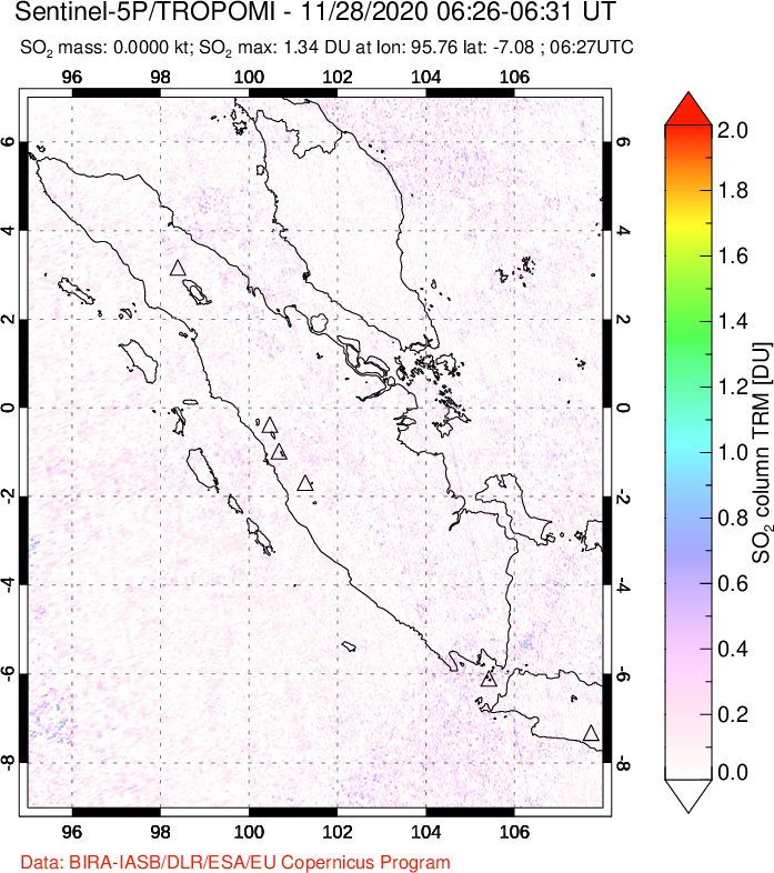 A sulfur dioxide image over Sumatra, Indonesia on Nov 28, 2020.