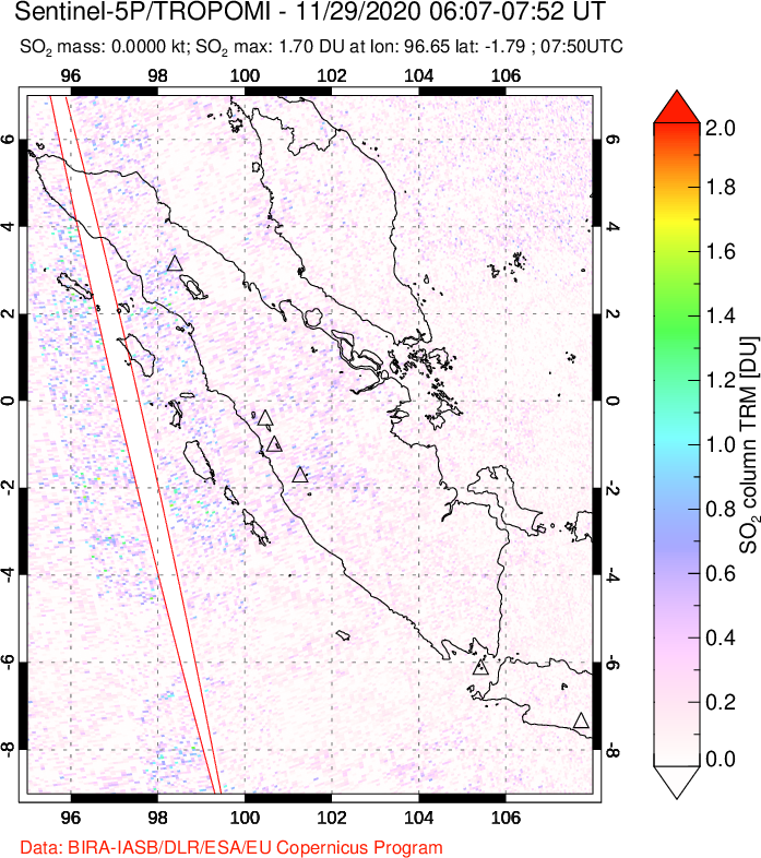 A sulfur dioxide image over Sumatra, Indonesia on Nov 29, 2020.