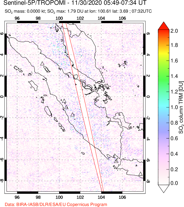 A sulfur dioxide image over Sumatra, Indonesia on Nov 30, 2020.