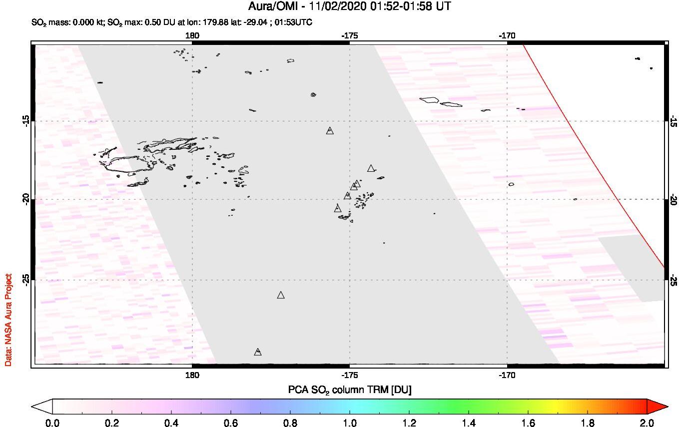 A sulfur dioxide image over Tonga, South Pacific on Nov 02, 2020.