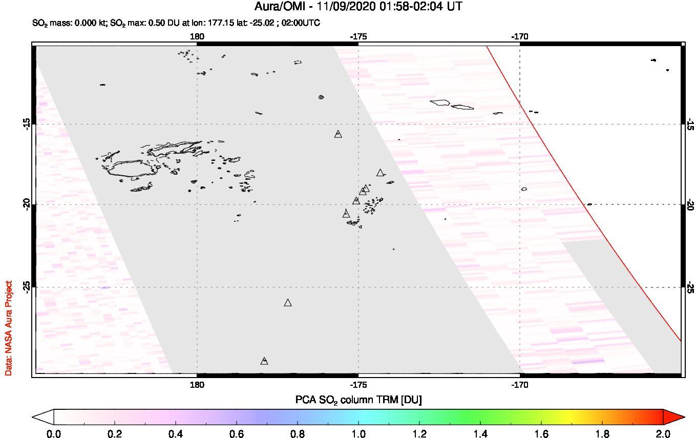 A sulfur dioxide image over Tonga, South Pacific on Nov 09, 2020.