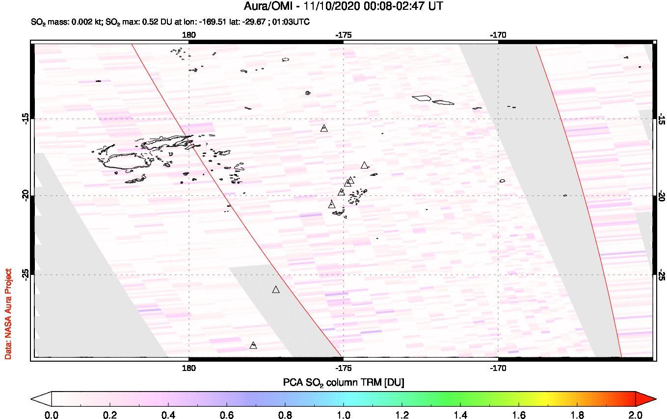 A sulfur dioxide image over Tonga, South Pacific on Nov 10, 2020.