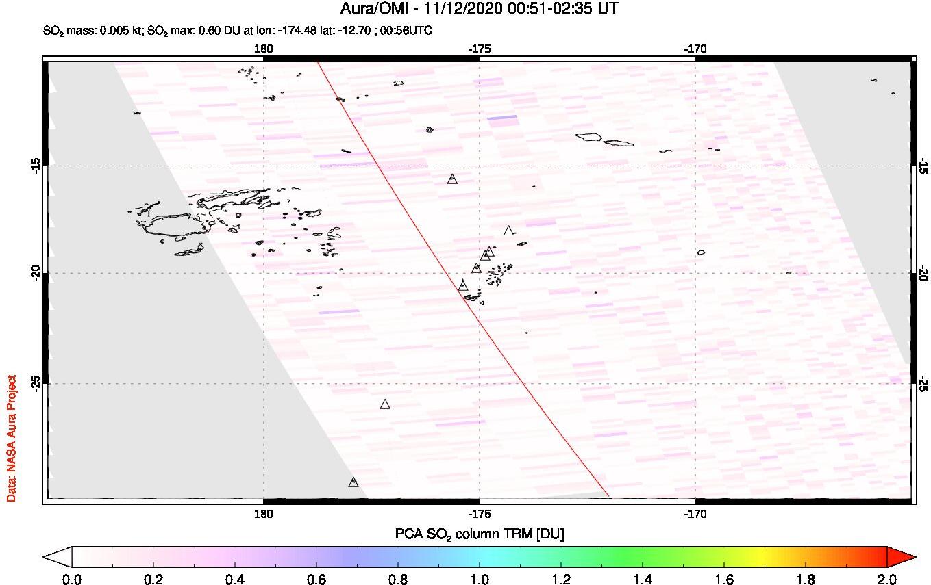 A sulfur dioxide image over Tonga, South Pacific on Nov 12, 2020.