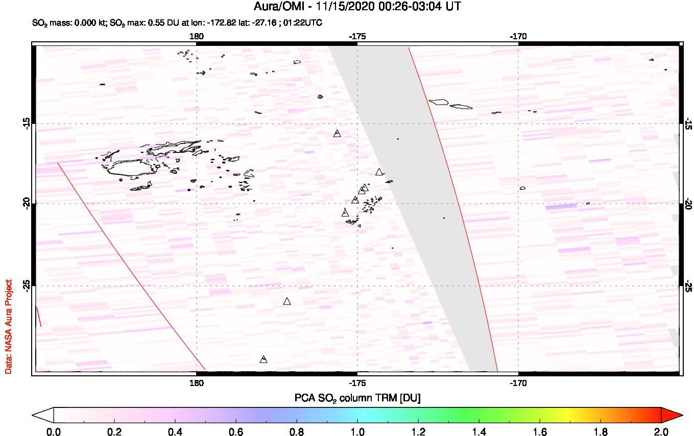 A sulfur dioxide image over Tonga, South Pacific on Nov 15, 2020.