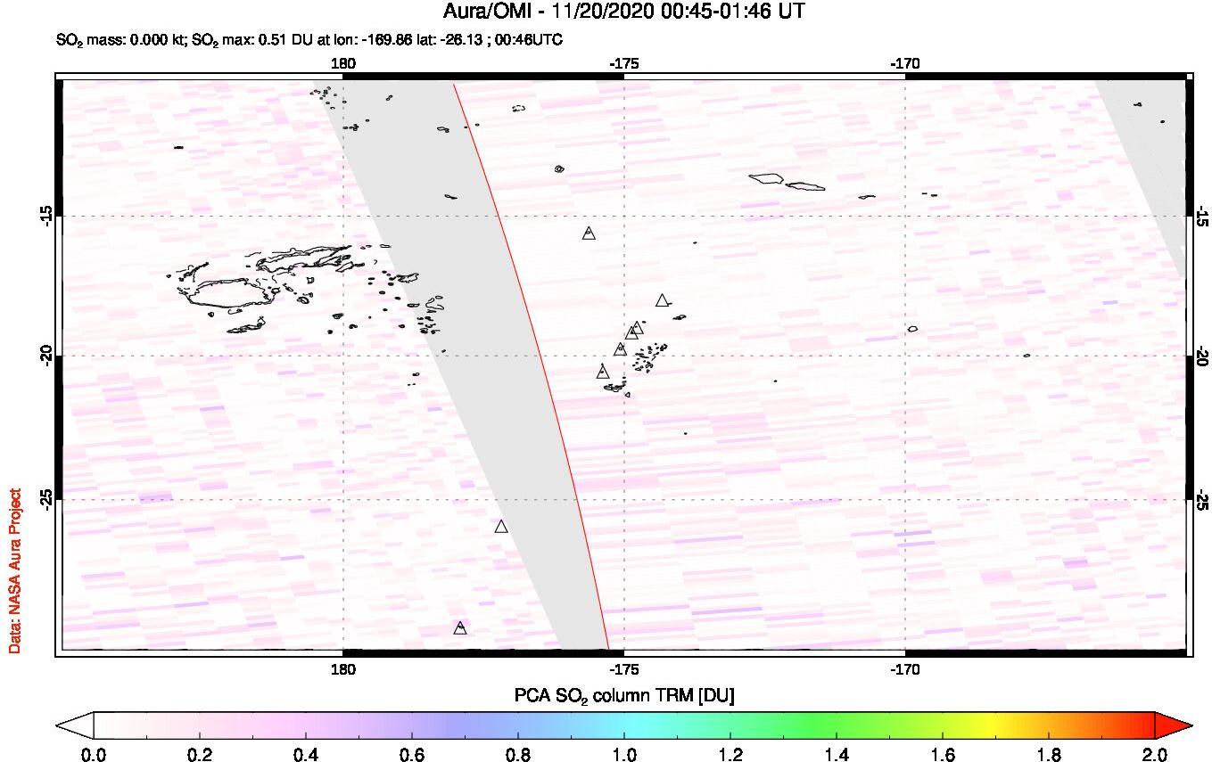 A sulfur dioxide image over Tonga, South Pacific on Nov 20, 2020.
