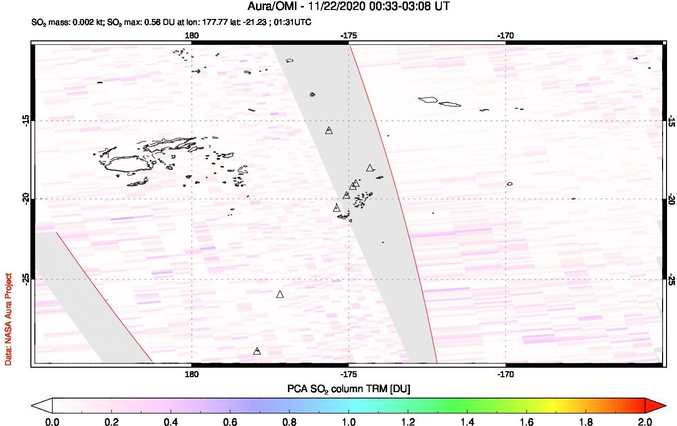 A sulfur dioxide image over Tonga, South Pacific on Nov 22, 2020.