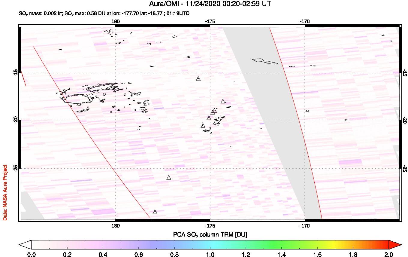 A sulfur dioxide image over Tonga, South Pacific on Nov 24, 2020.