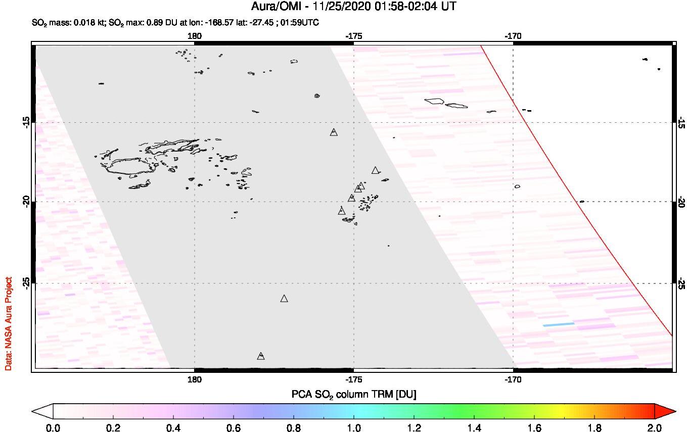 A sulfur dioxide image over Tonga, South Pacific on Nov 25, 2020.