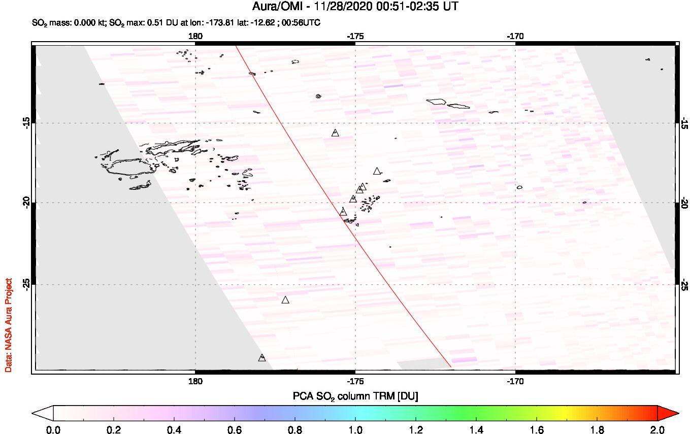 A sulfur dioxide image over Tonga, South Pacific on Nov 28, 2020.
