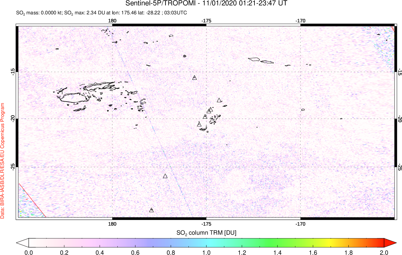 A sulfur dioxide image over Tonga, South Pacific on Nov 01, 2020.