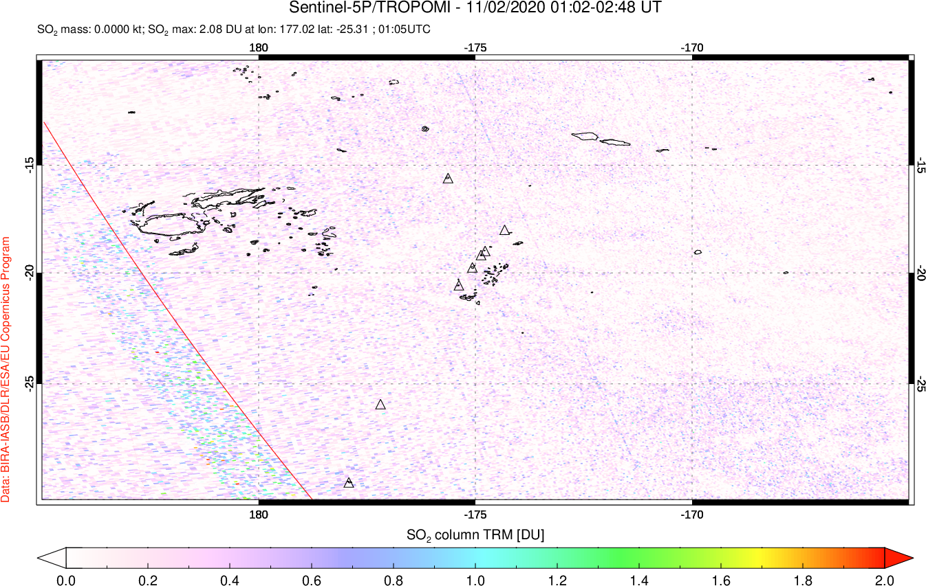 A sulfur dioxide image over Tonga, South Pacific on Nov 02, 2020.