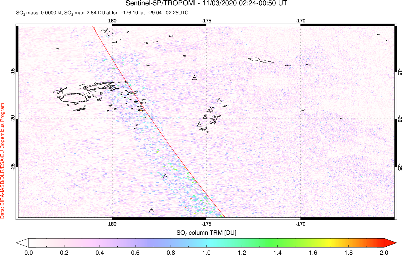 A sulfur dioxide image over Tonga, South Pacific on Nov 03, 2020.