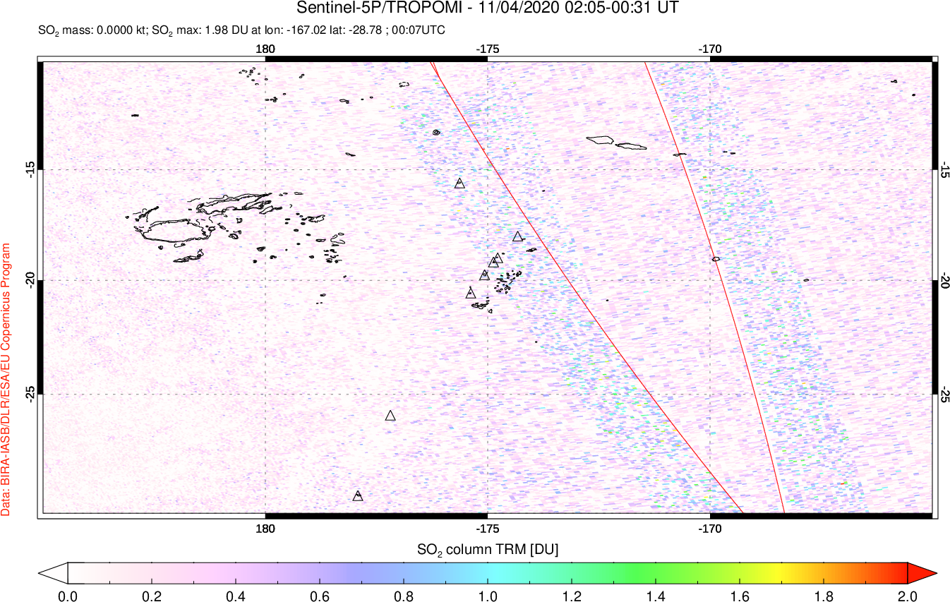 A sulfur dioxide image over Tonga, South Pacific on Nov 04, 2020.