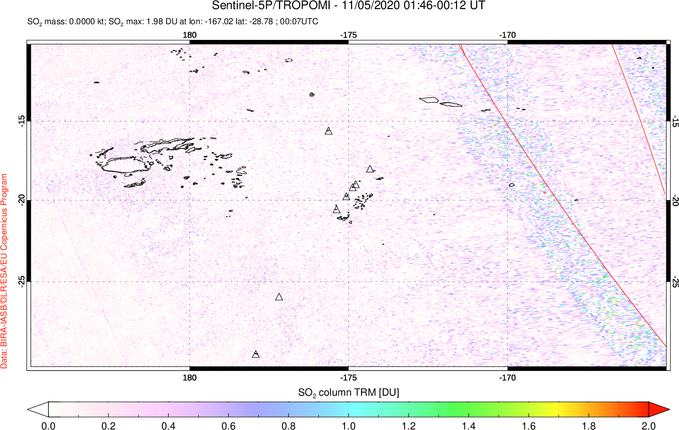 A sulfur dioxide image over Tonga, South Pacific on Nov 05, 2020.