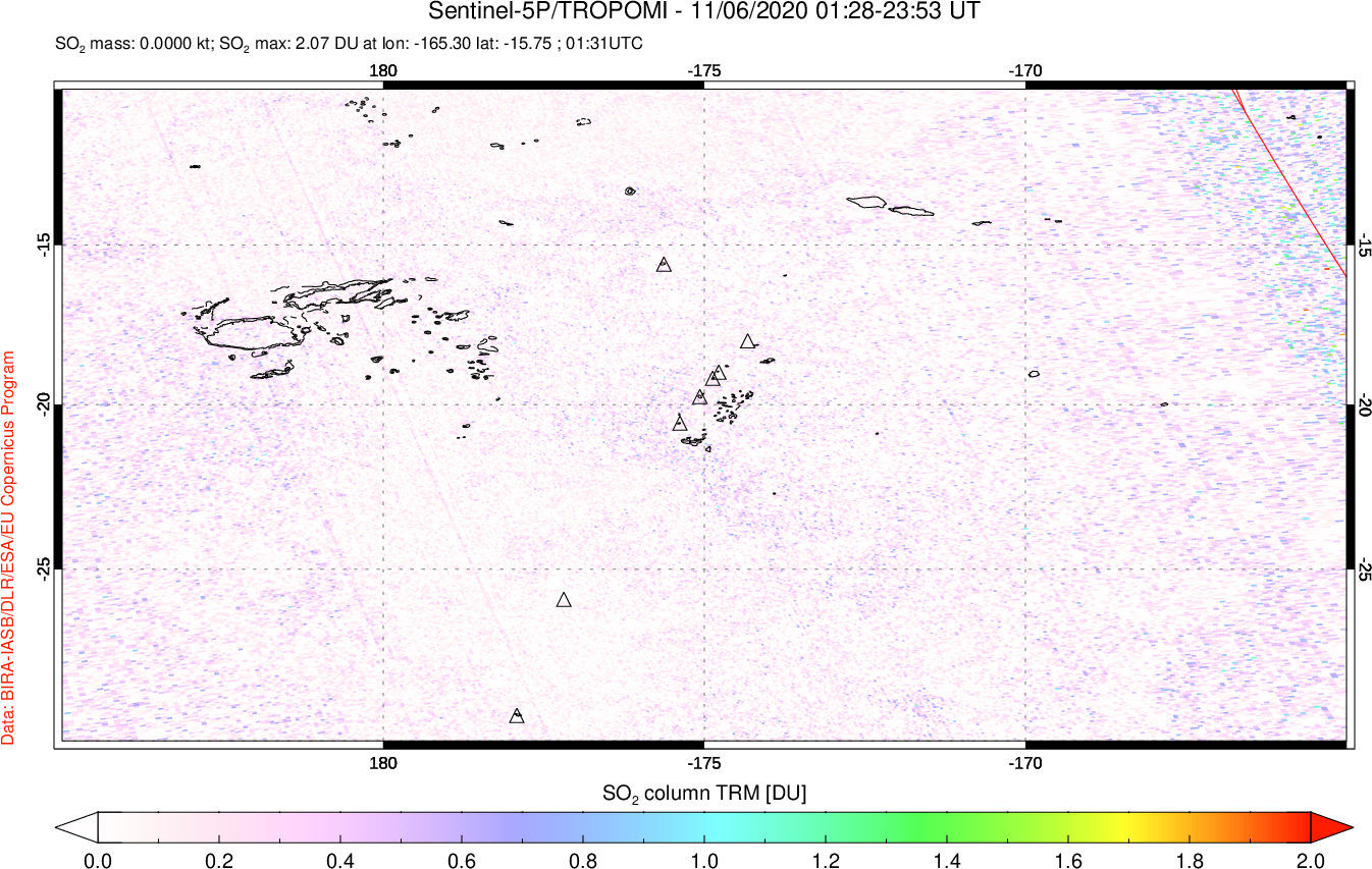 A sulfur dioxide image over Tonga, South Pacific on Nov 06, 2020.