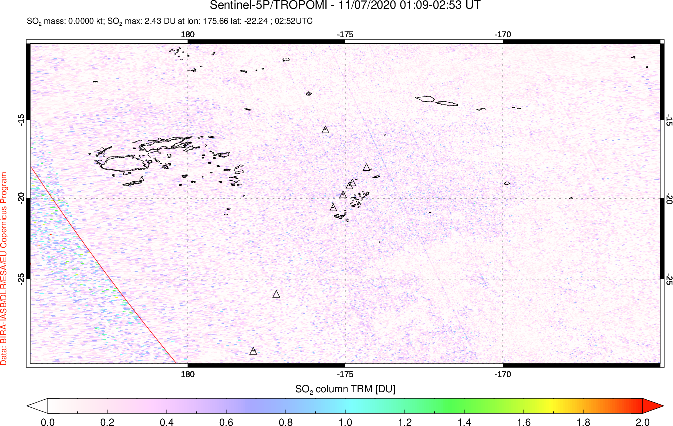 A sulfur dioxide image over Tonga, South Pacific on Nov 07, 2020.