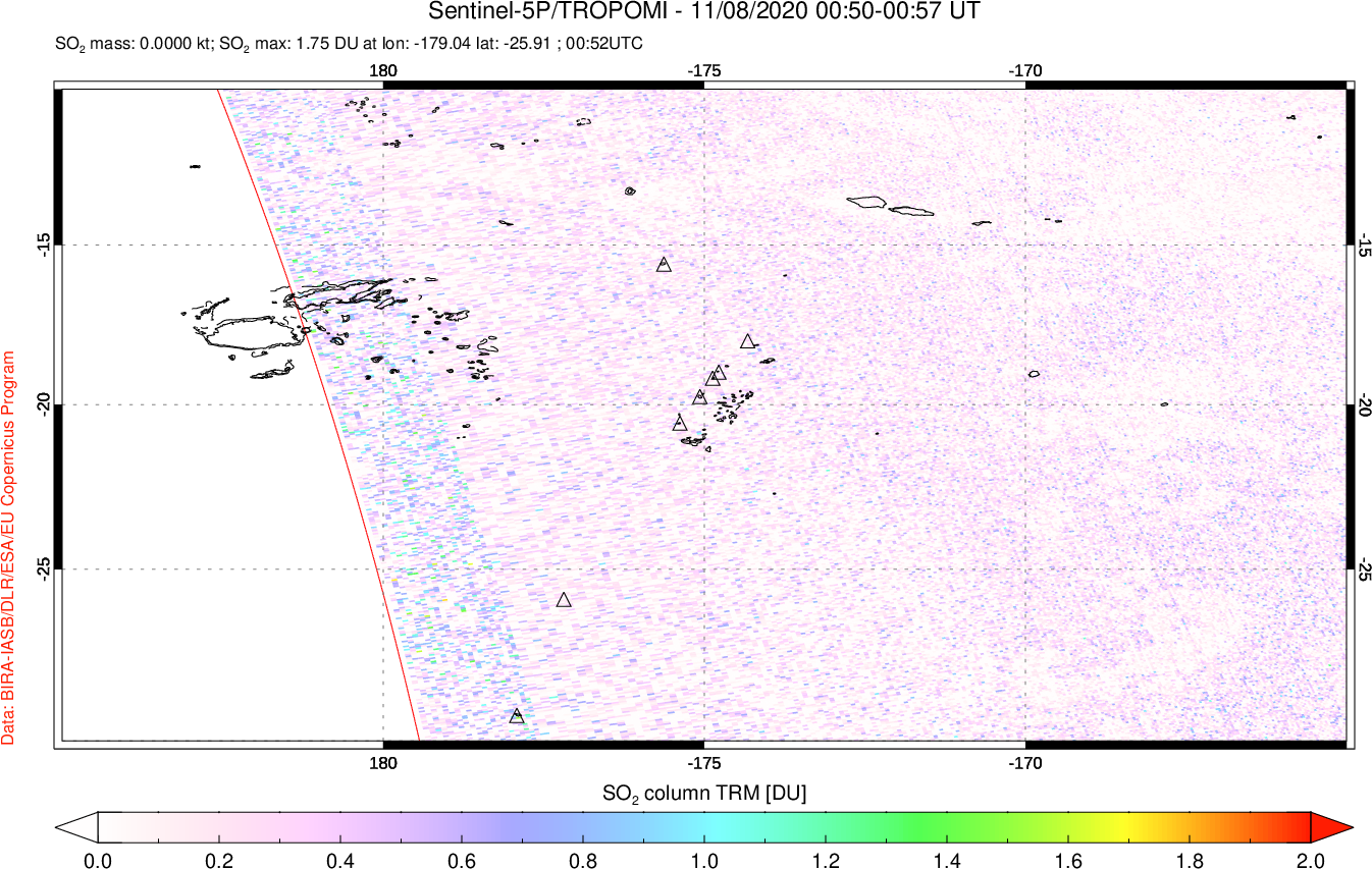 A sulfur dioxide image over Tonga, South Pacific on Nov 08, 2020.