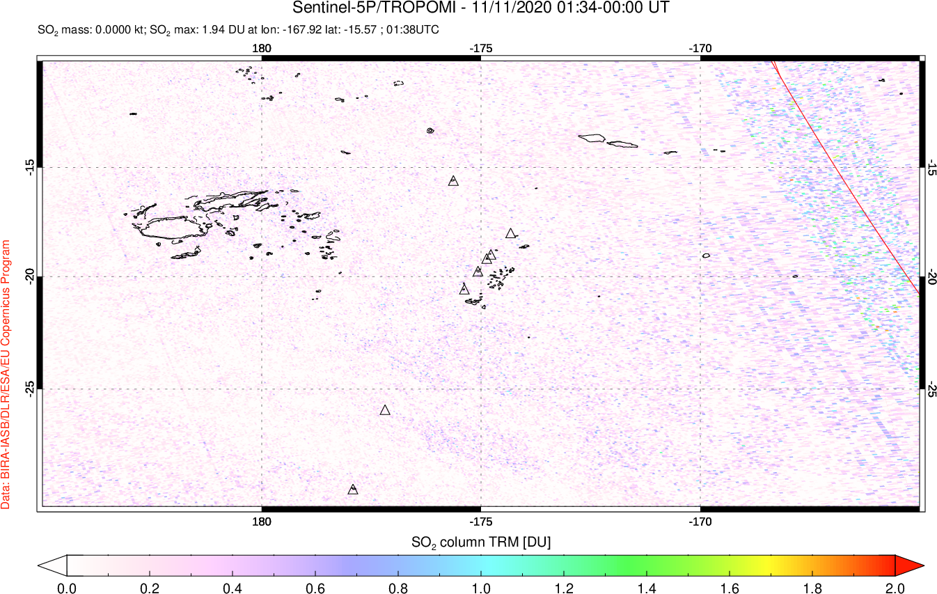 A sulfur dioxide image over Tonga, South Pacific on Nov 11, 2020.