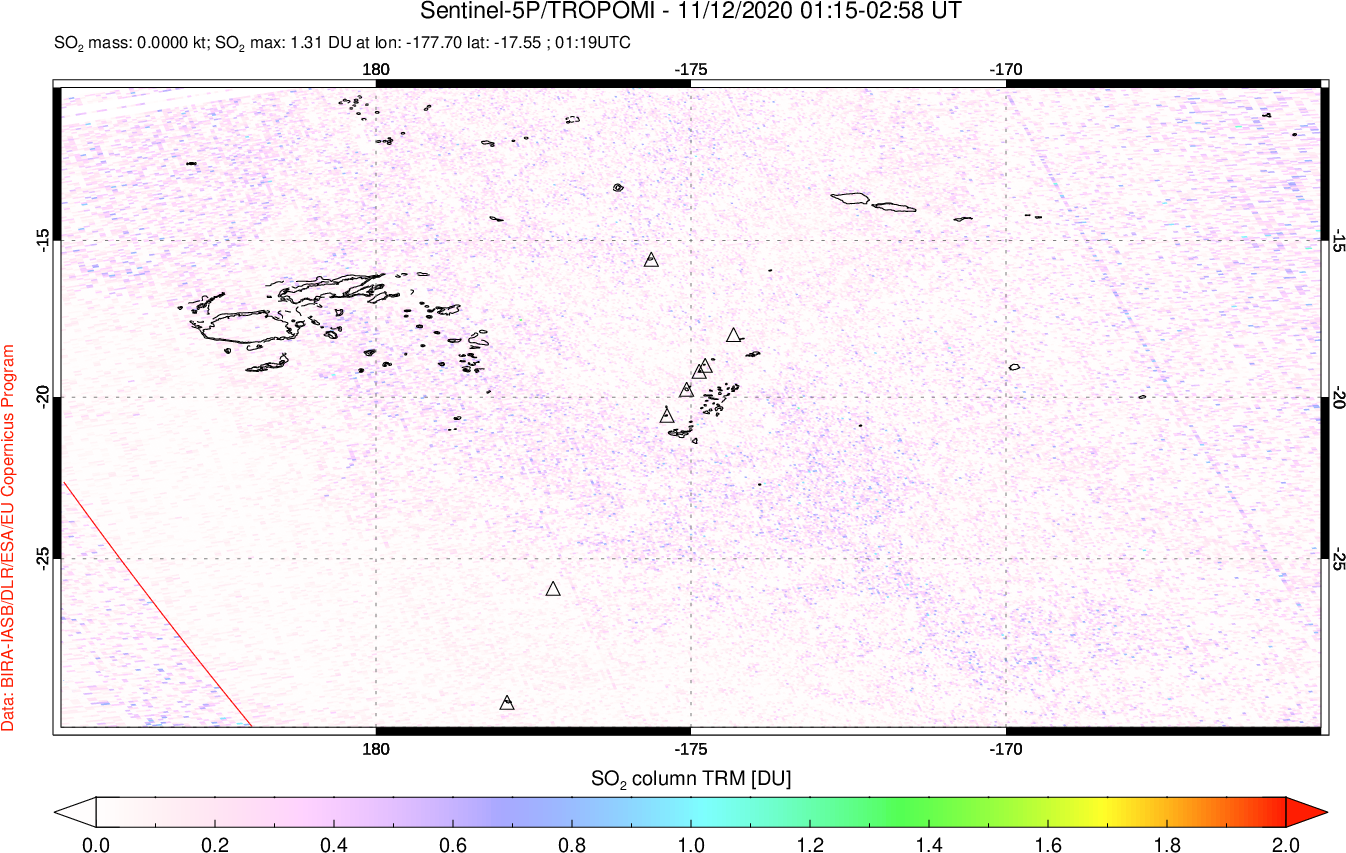 A sulfur dioxide image over Tonga, South Pacific on Nov 12, 2020.