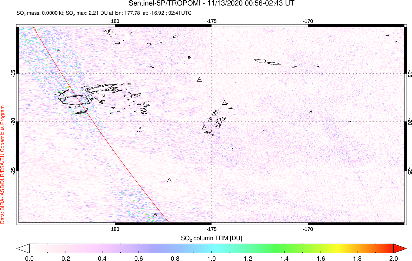A sulfur dioxide image over Tonga, South Pacific on Nov 13, 2020.
