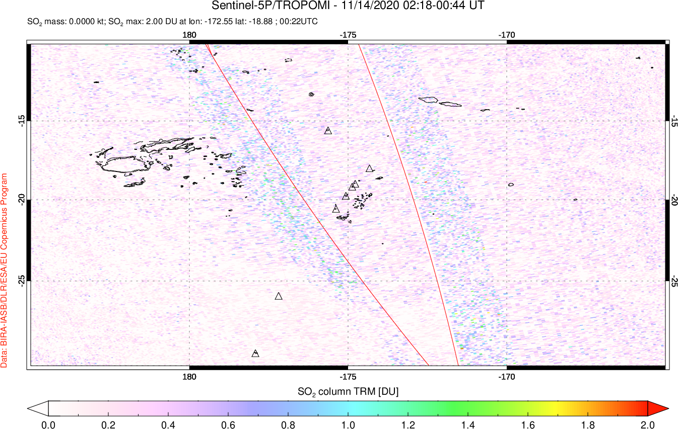 A sulfur dioxide image over Tonga, South Pacific on Nov 14, 2020.