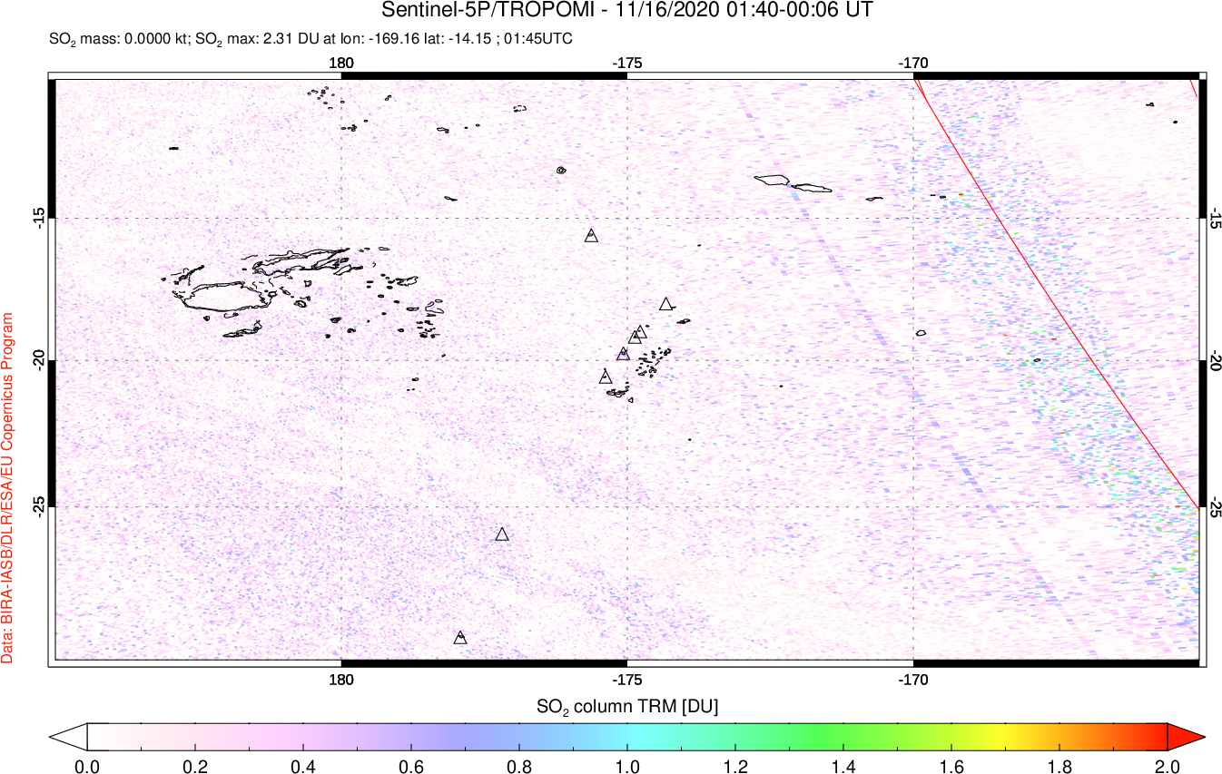 A sulfur dioxide image over Tonga, South Pacific on Nov 16, 2020.