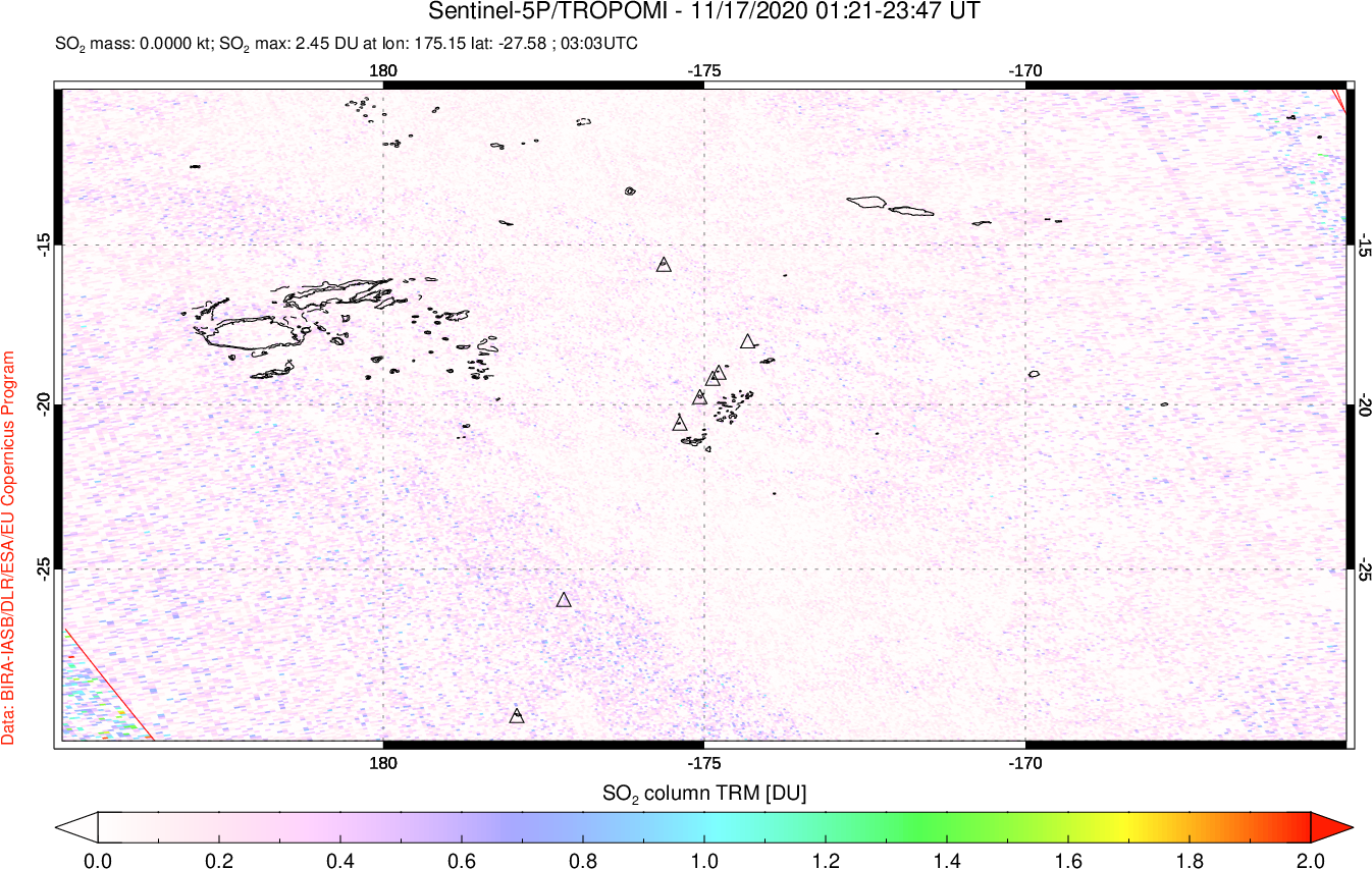 A sulfur dioxide image over Tonga, South Pacific on Nov 17, 2020.