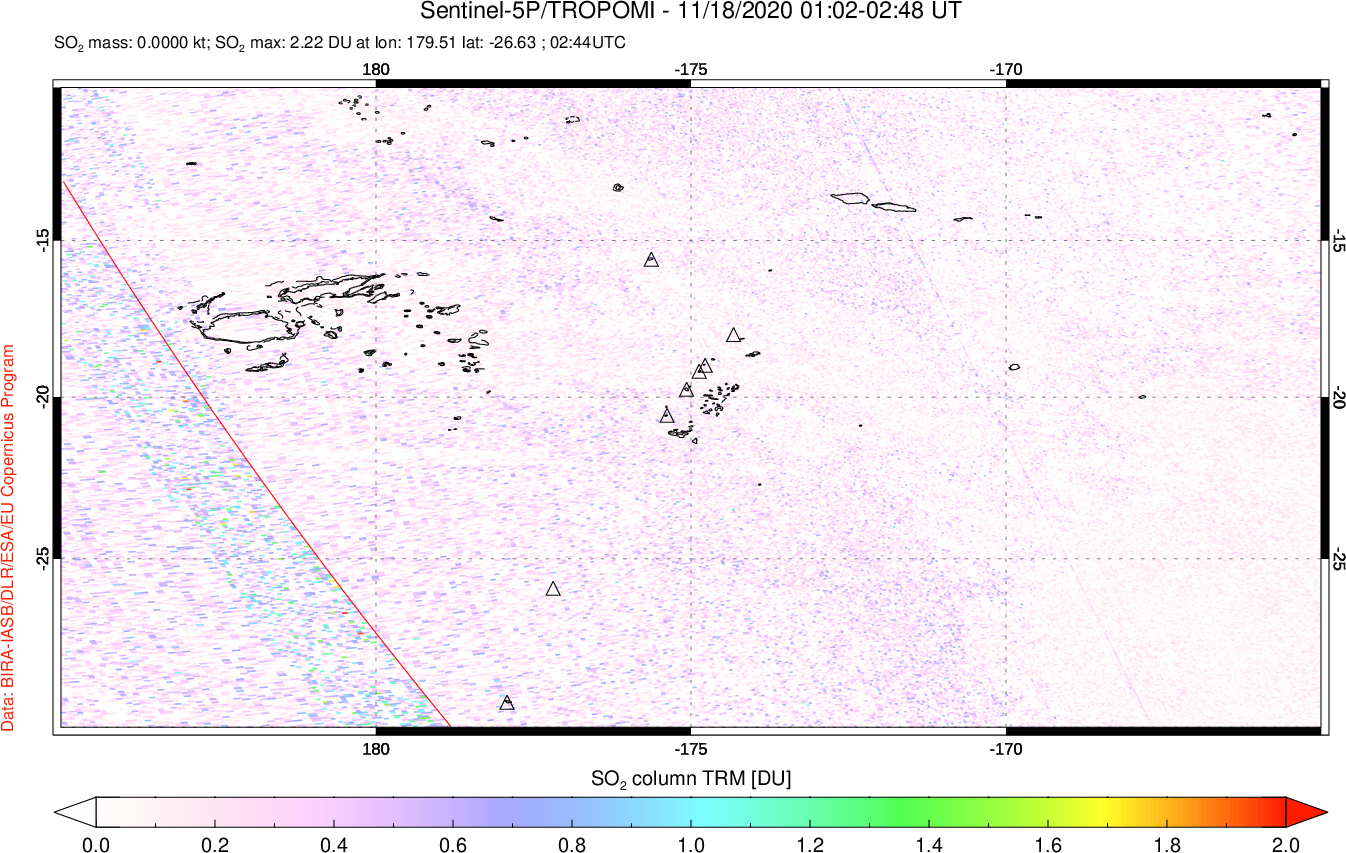 A sulfur dioxide image over Tonga, South Pacific on Nov 18, 2020.