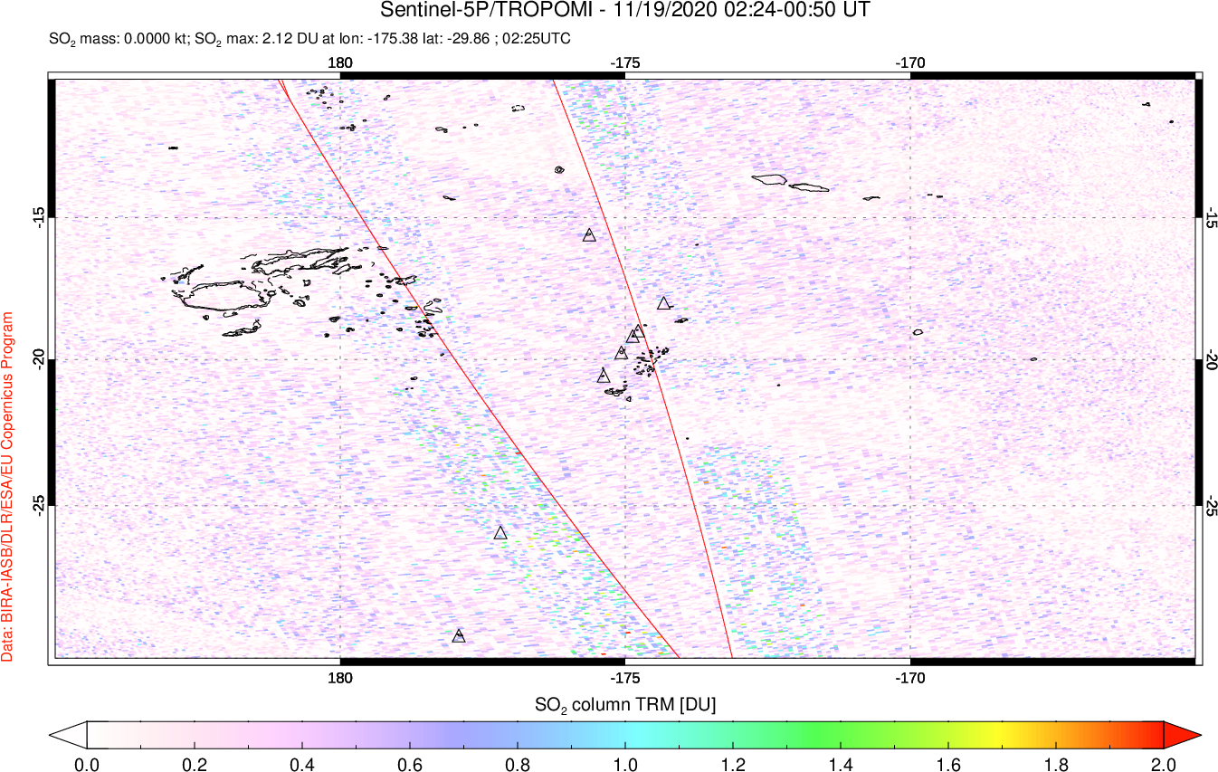 A sulfur dioxide image over Tonga, South Pacific on Nov 19, 2020.
