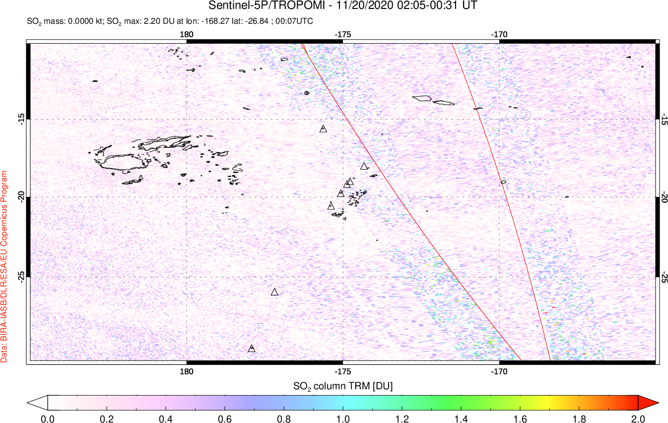 A sulfur dioxide image over Tonga, South Pacific on Nov 20, 2020.