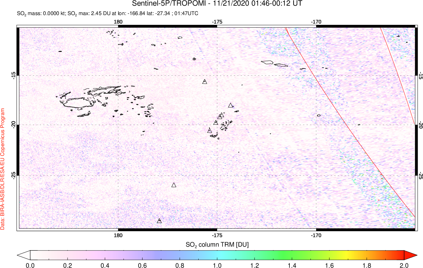 A sulfur dioxide image over Tonga, South Pacific on Nov 21, 2020.
