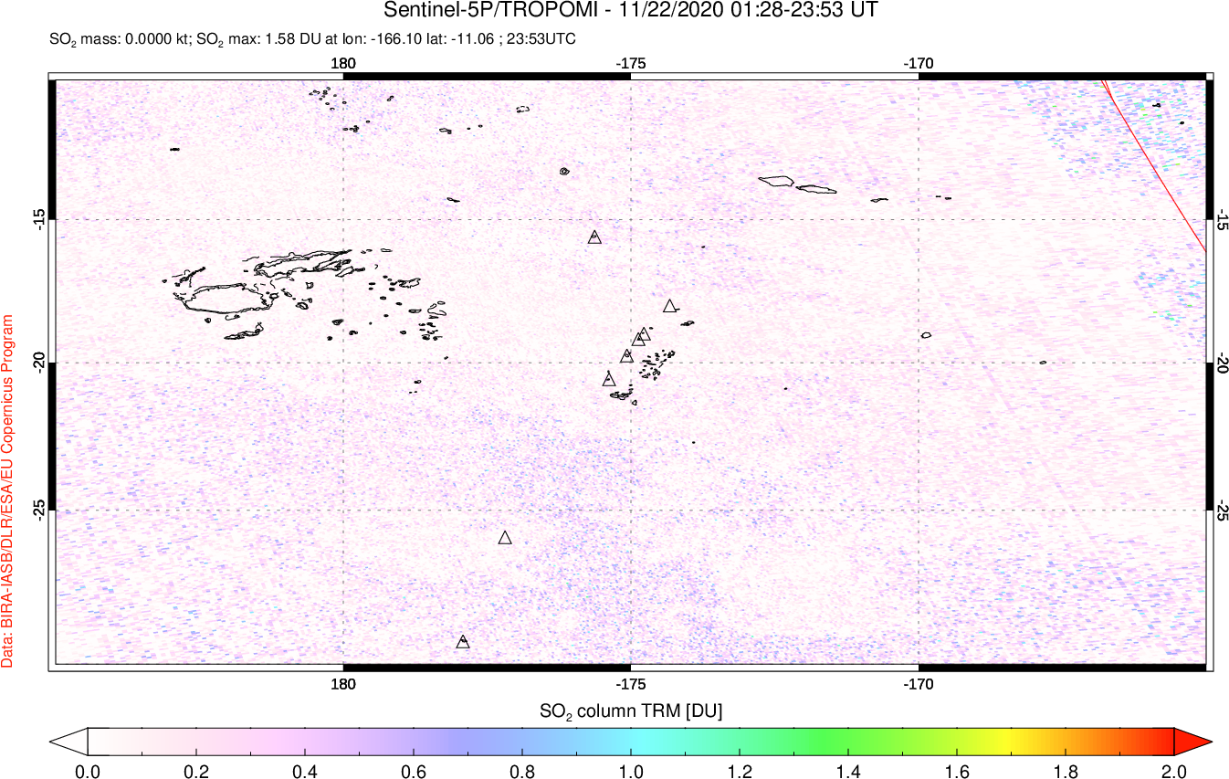 A sulfur dioxide image over Tonga, South Pacific on Nov 22, 2020.