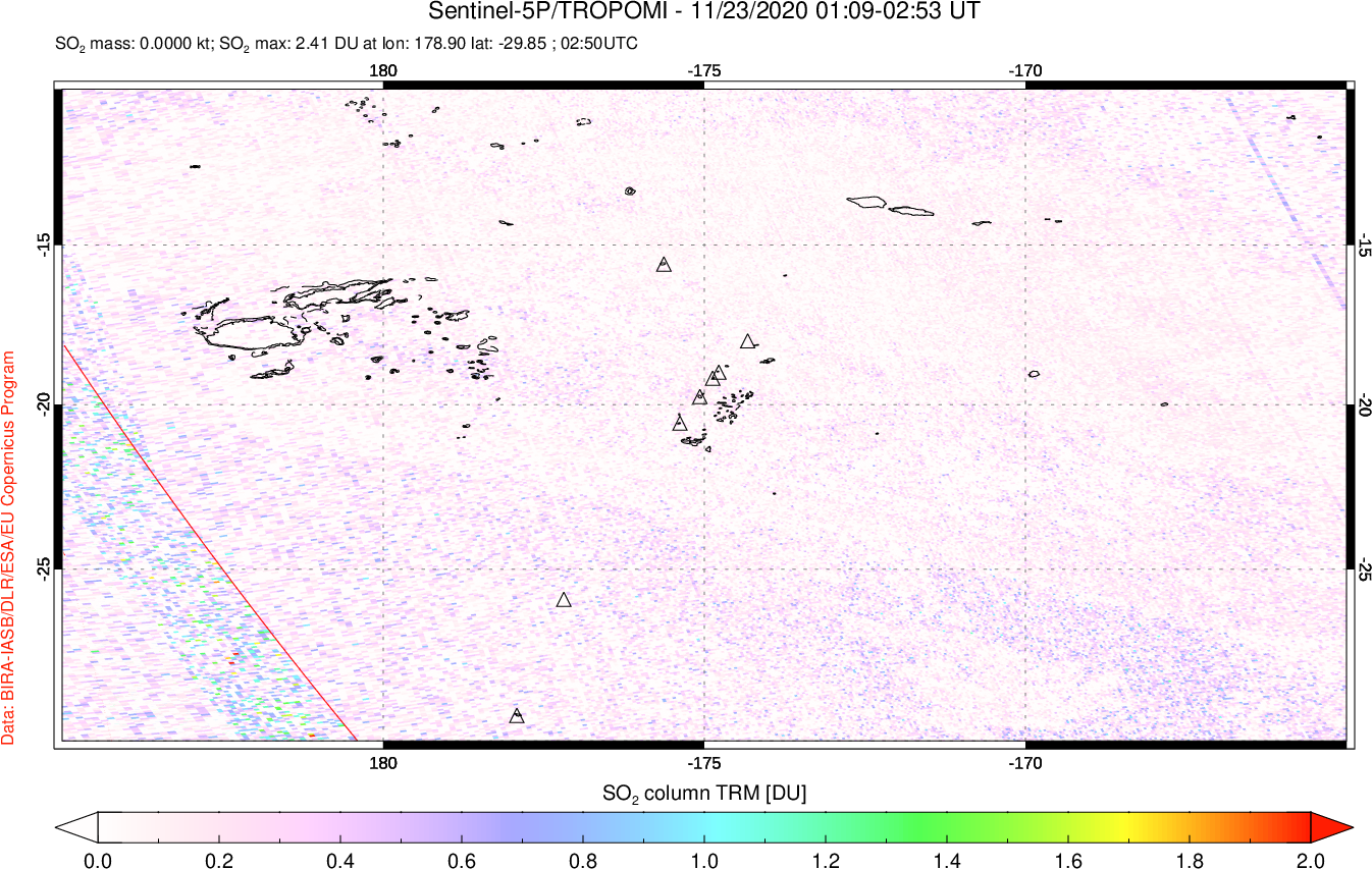 A sulfur dioxide image over Tonga, South Pacific on Nov 23, 2020.