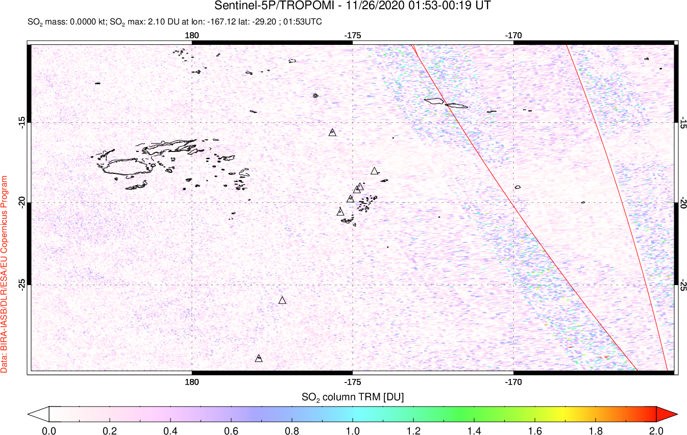 A sulfur dioxide image over Tonga, South Pacific on Nov 26, 2020.