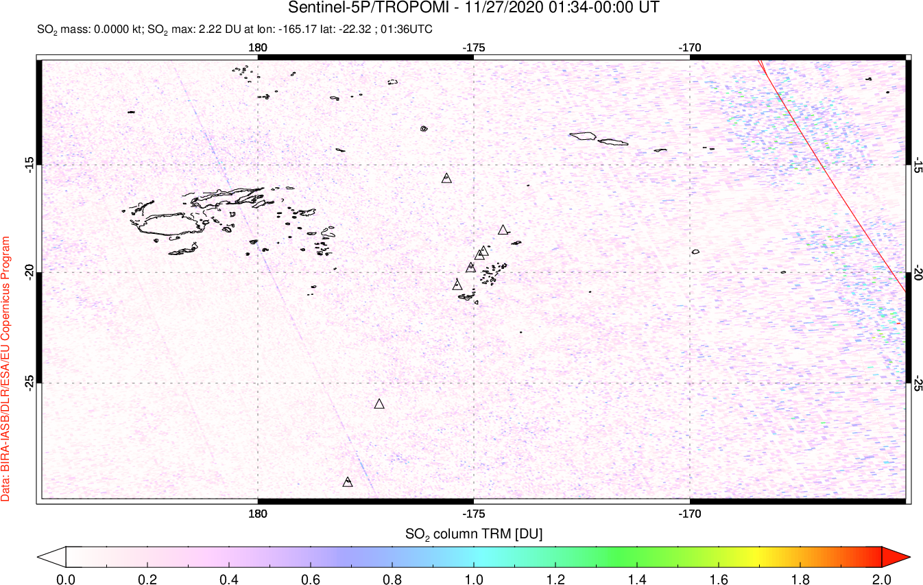 A sulfur dioxide image over Tonga, South Pacific on Nov 27, 2020.