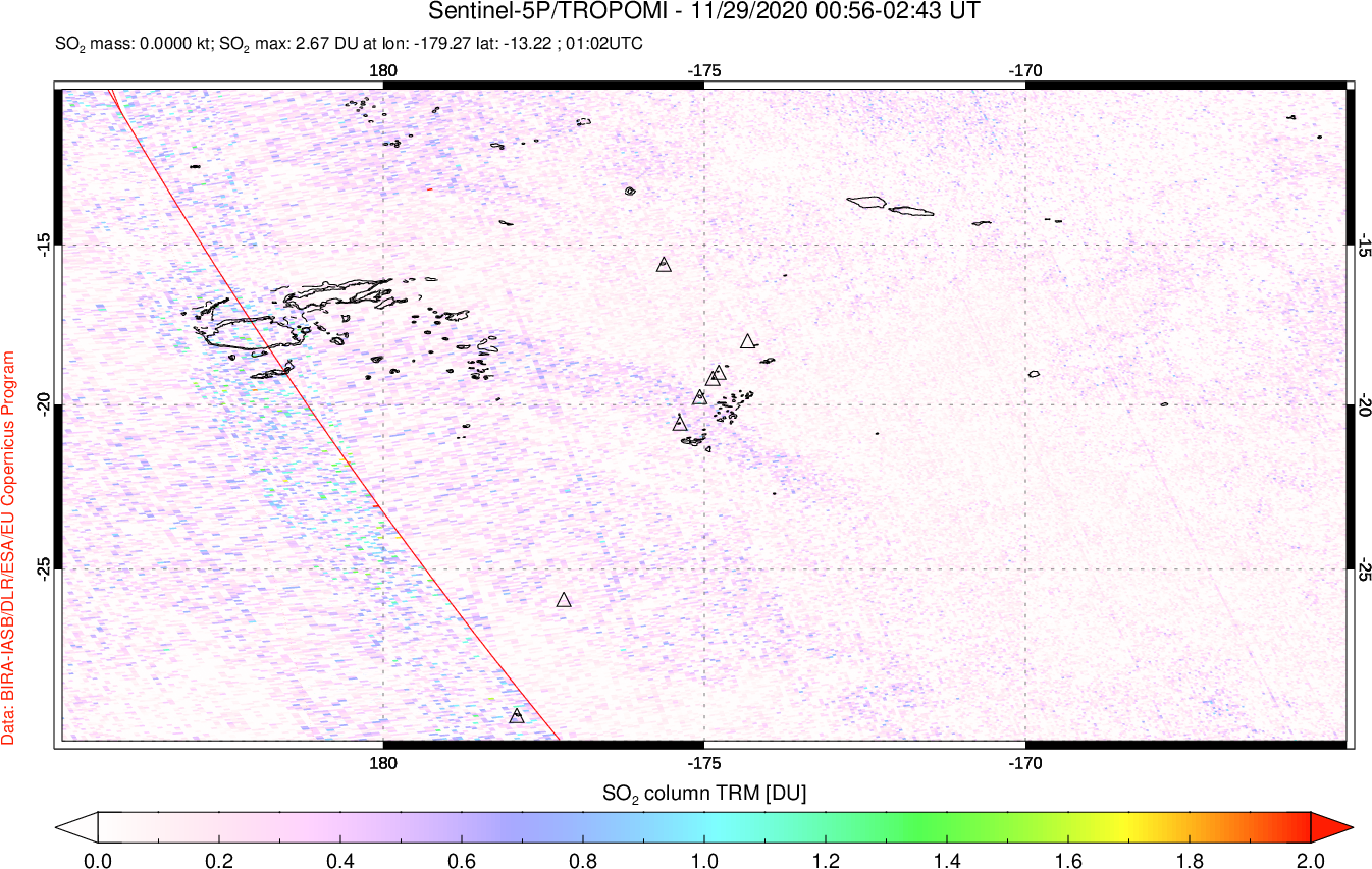 A sulfur dioxide image over Tonga, South Pacific on Nov 29, 2020.