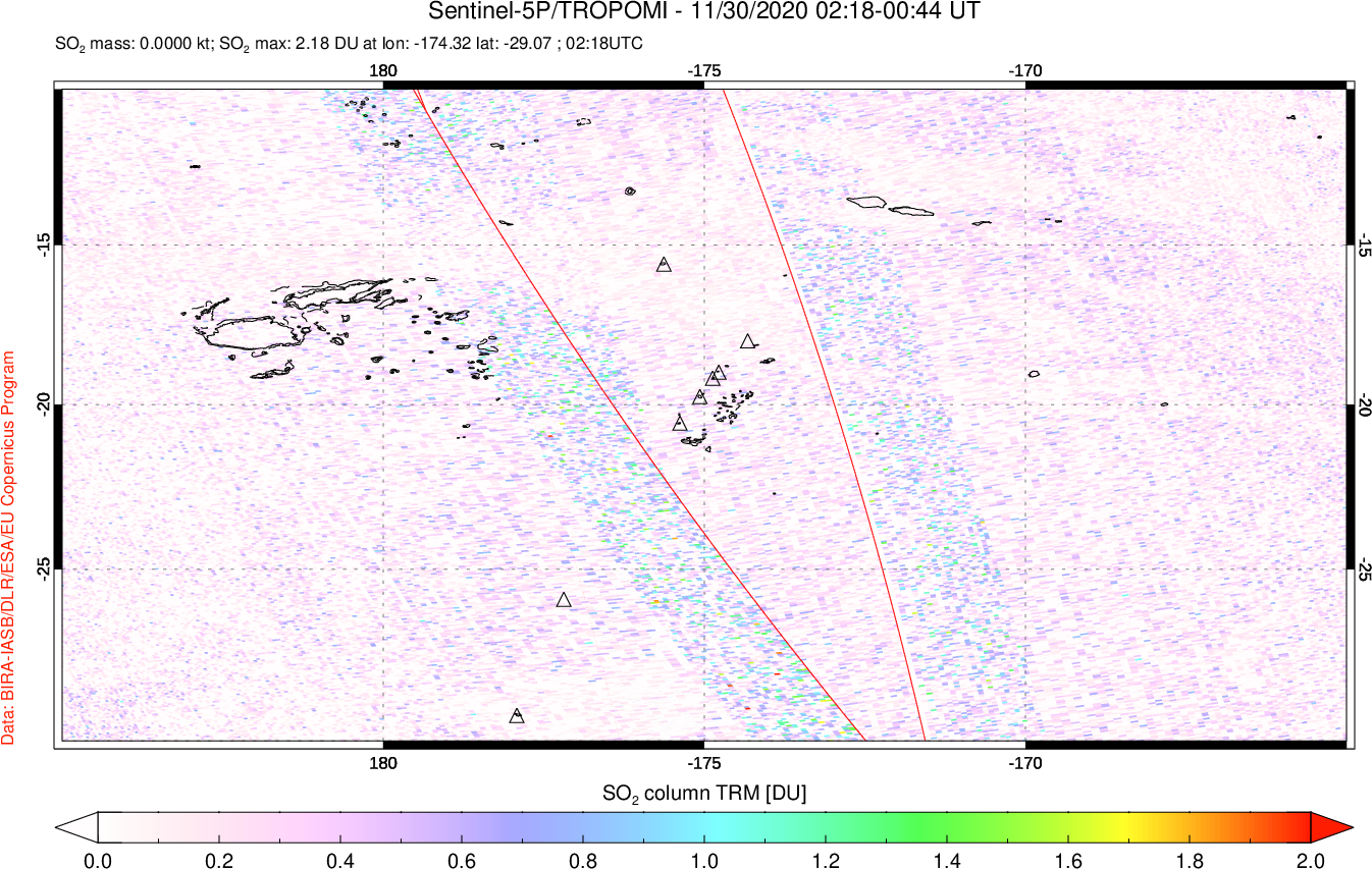A sulfur dioxide image over Tonga, South Pacific on Nov 30, 2020.