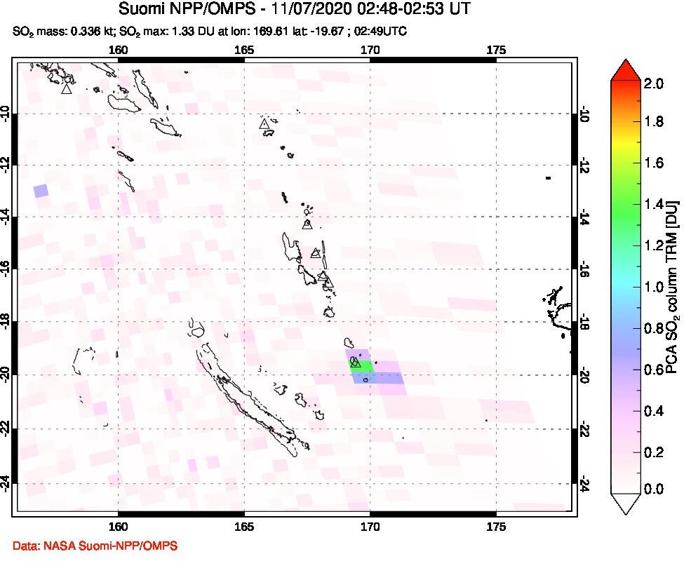 A sulfur dioxide image over Vanuatu, South Pacific on Nov 07, 2020.