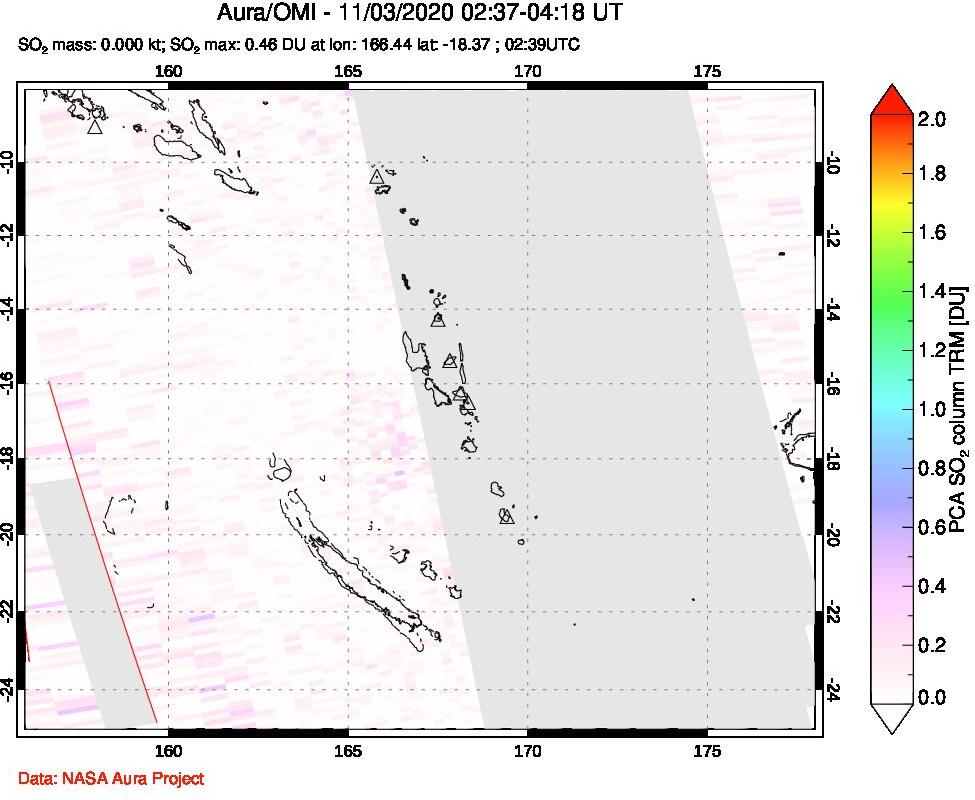 A sulfur dioxide image over Vanuatu, South Pacific on Nov 03, 2020.