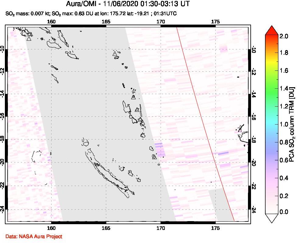 A sulfur dioxide image over Vanuatu, South Pacific on Nov 06, 2020.