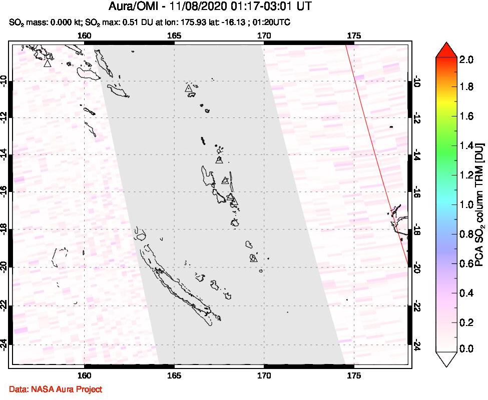 A sulfur dioxide image over Vanuatu, South Pacific on Nov 08, 2020.