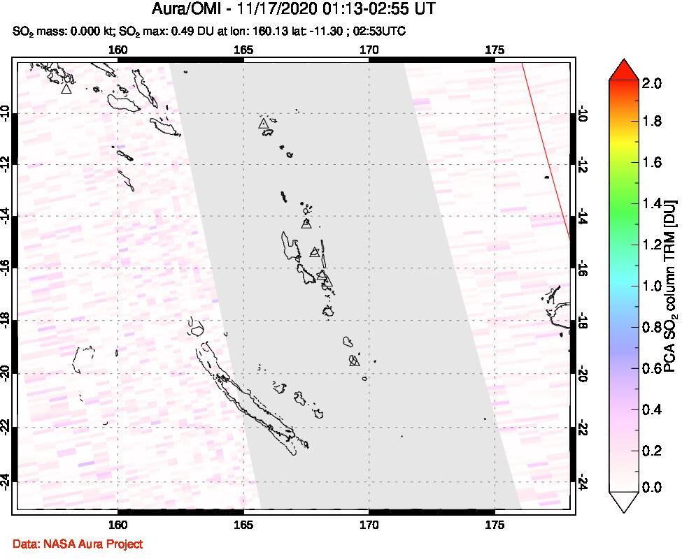 A sulfur dioxide image over Vanuatu, South Pacific on Nov 17, 2020.