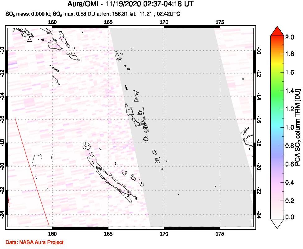 A sulfur dioxide image over Vanuatu, South Pacific on Nov 19, 2020.