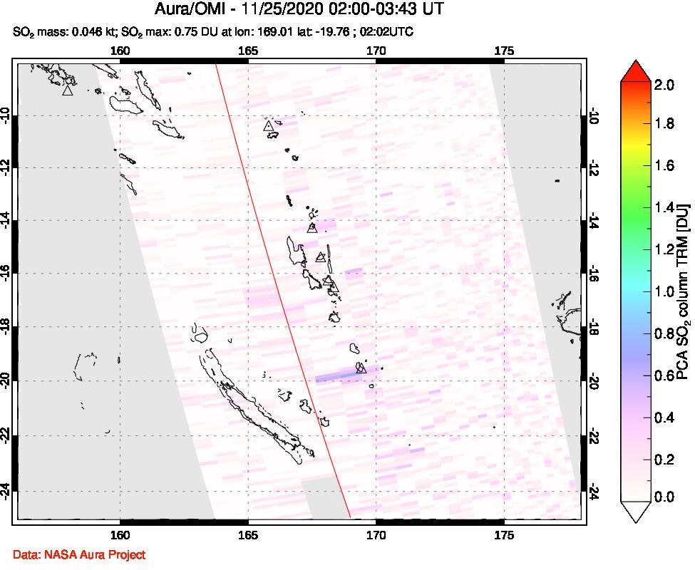 A sulfur dioxide image over Vanuatu, South Pacific on Nov 25, 2020.