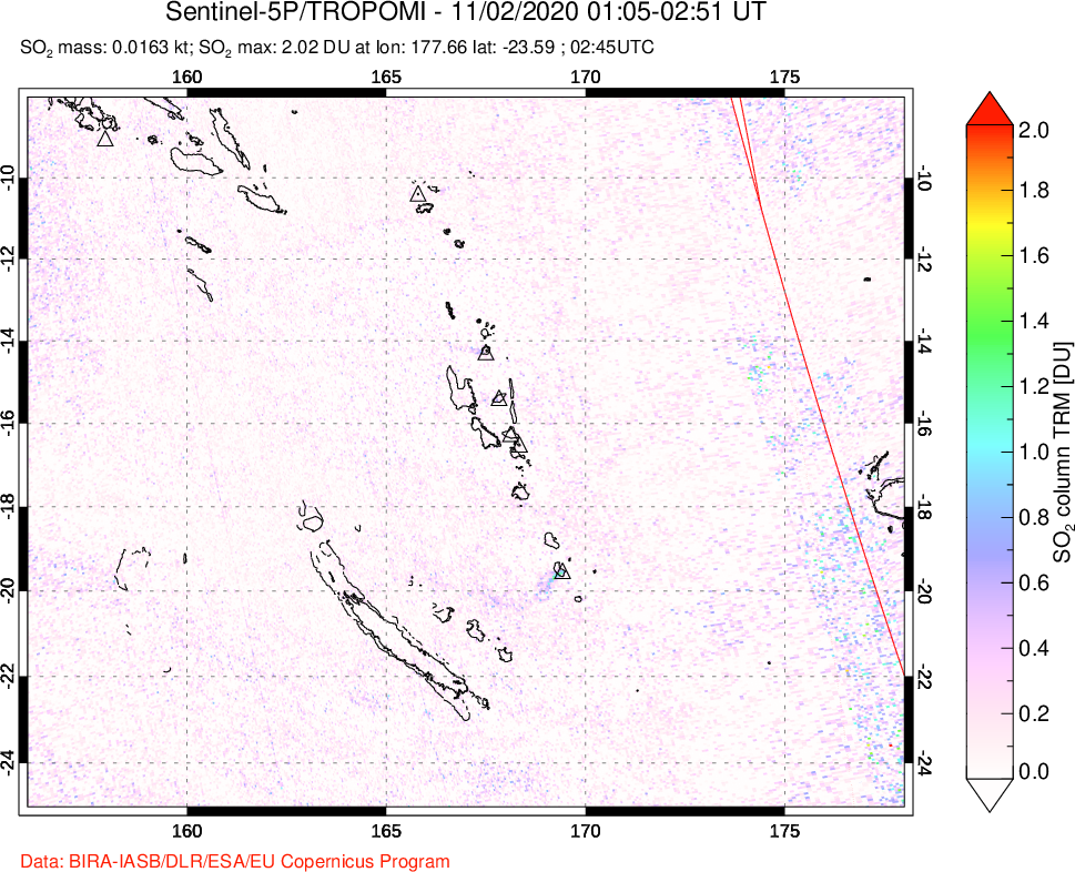 A sulfur dioxide image over Vanuatu, South Pacific on Nov 02, 2020.