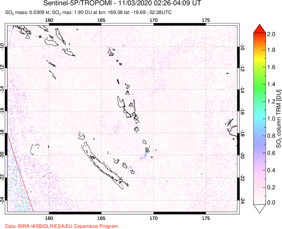 A sulfur dioxide image over Vanuatu, South Pacific on Nov 03, 2020.