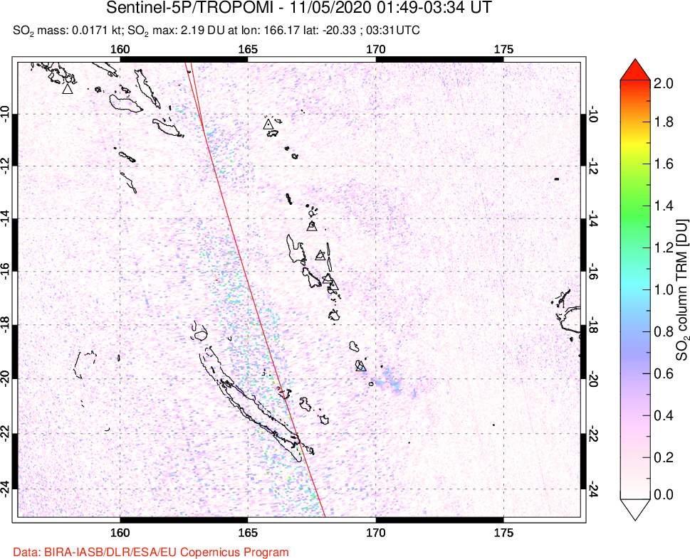 A sulfur dioxide image over Vanuatu, South Pacific on Nov 05, 2020.