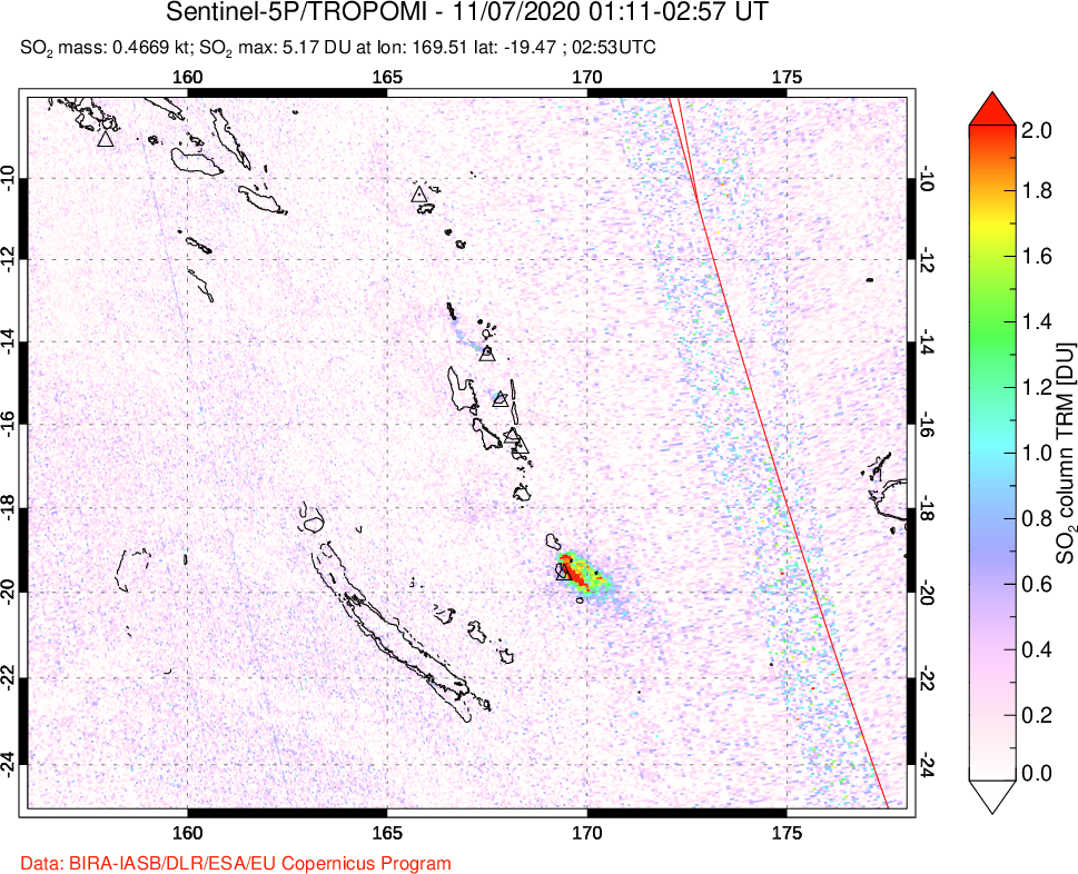 A sulfur dioxide image over Vanuatu, South Pacific on Nov 07, 2020.