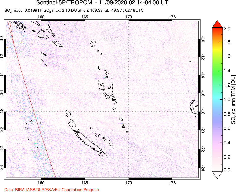A sulfur dioxide image over Vanuatu, South Pacific on Nov 09, 2020.